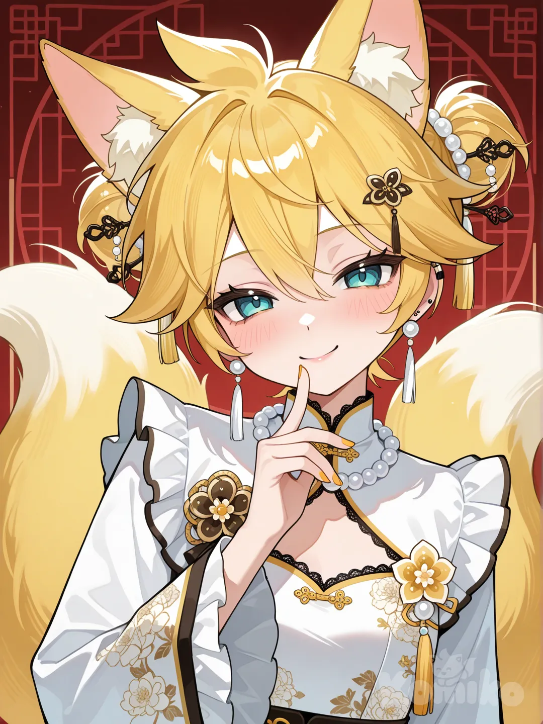 @Kagamine_Len掉進中國的民間傳說裡變成狐狸精,用天真但誘人的模樣和眼神來誘惑男人, ruffles, hair accessory, earrings, pearls, corsage