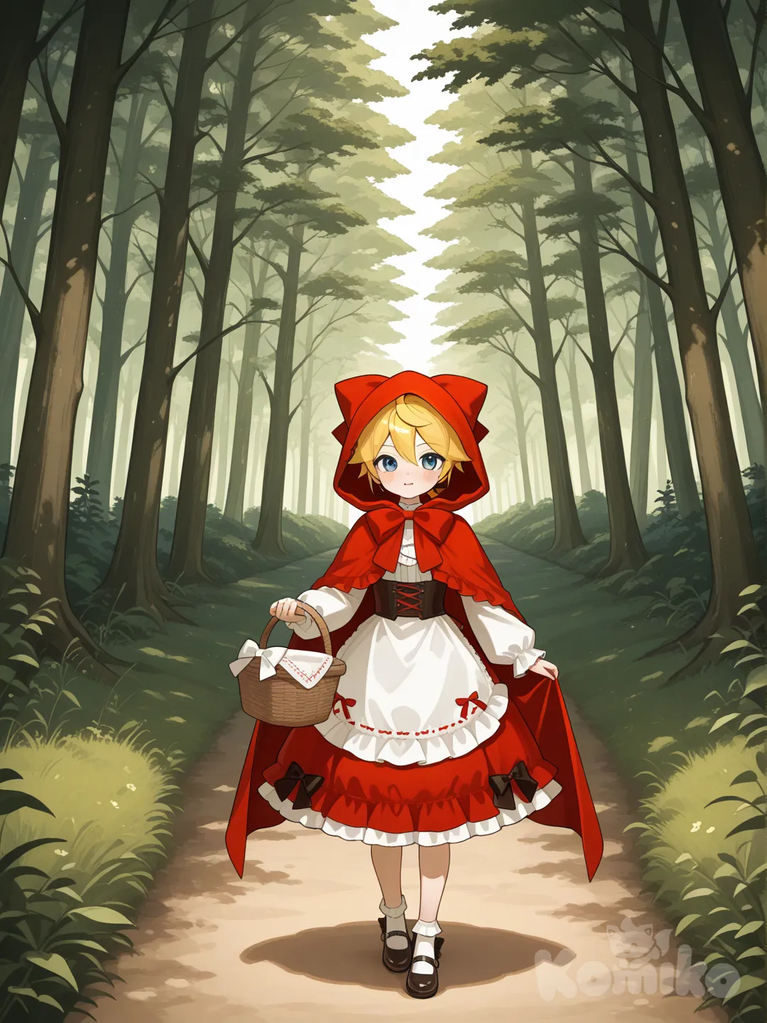 @Kagamine_Len掉進小紅帽的故事裡變成主角小紅帽， , ruffles, lace, bow, forest