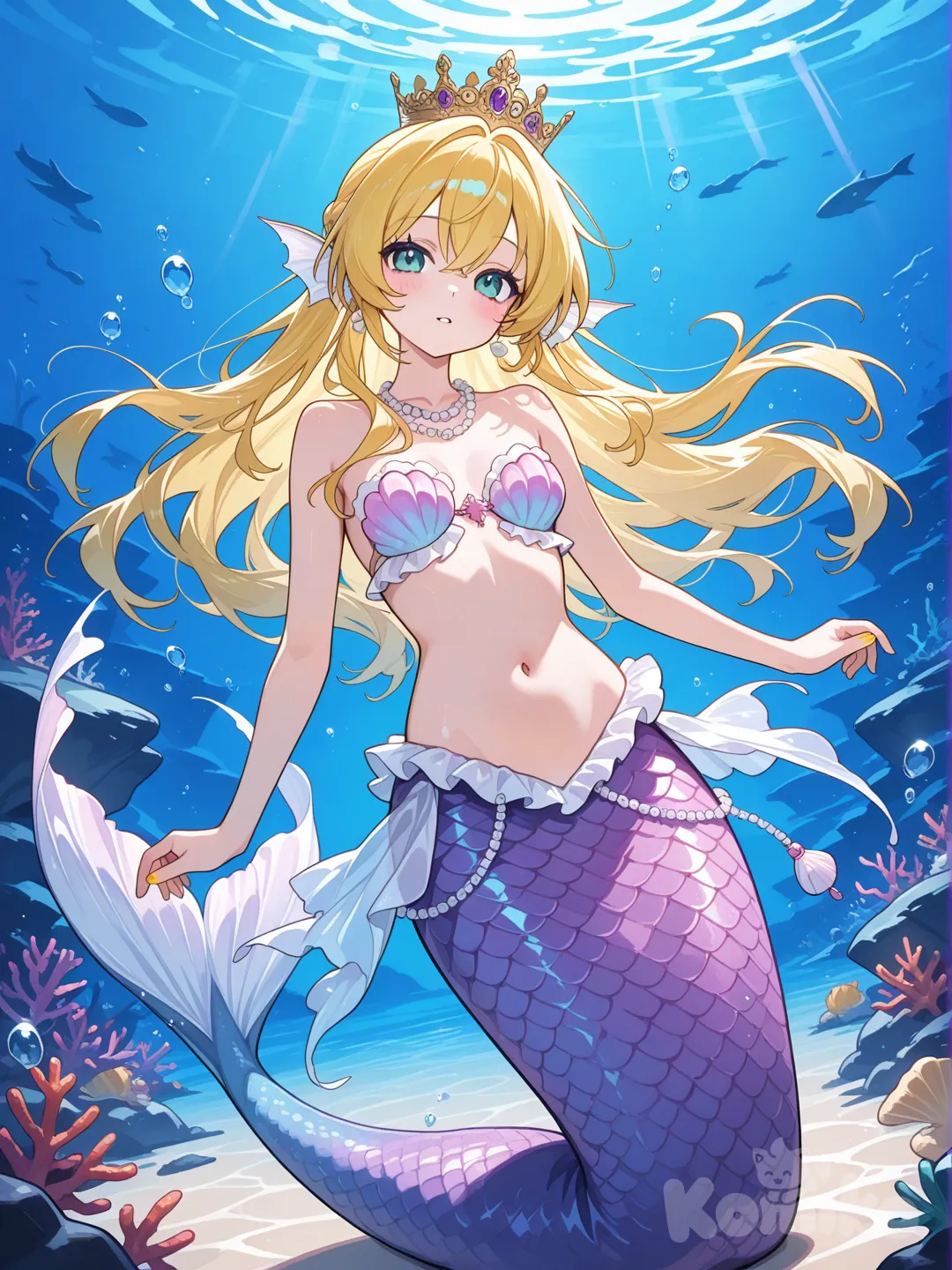 @Kagamine_Len掉進人魚公主的故事裡變成人魚公主,洋紅色的貝殼胸罩配上紫紅色魚尾, ruffles, lace, crown, pearls