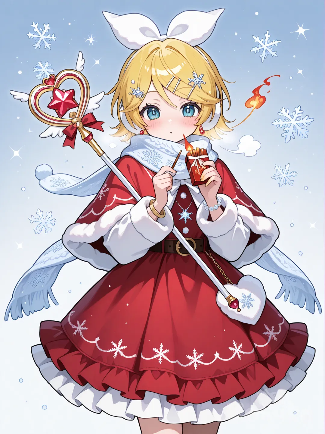 @Kagamine_Len變身成賣火柴的少女風格的魔法少女,服裝款式是冬季風格,顏色是冬季色系和火紅色系,裝飾以雪和小火花為主, ruffles, earrings, neckbracelet, scarf, hairpin, gradient