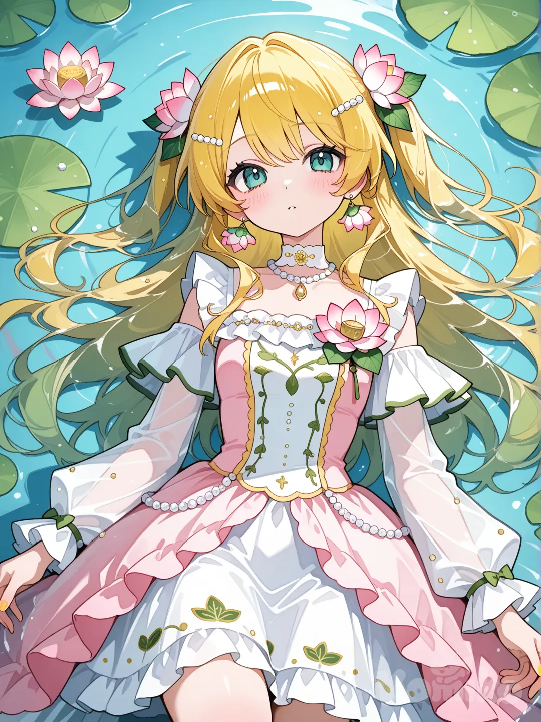 @Kagamine_Len穿蓮花風格的魔法少女,服裝顏色是蓮花的顏色,裝飾以蓮花和荷葉為主為主, ruffles, hair accessory, corsage, earrings, neckbracelet, necklace, pearls