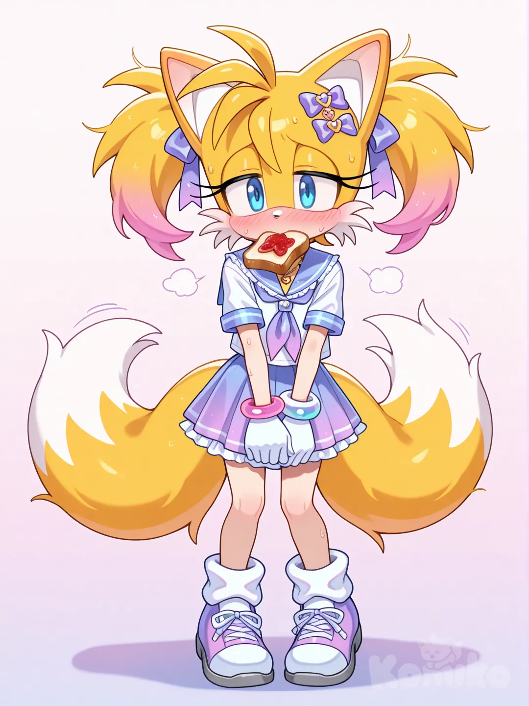 @Tails_(Sonic)穿超級可愛的女學生水手服，顏色是粉彩顏色，裝飾以少女的可愛小物為主，嘴裡叼著吐司，羞恥到不行, ruffles, lace, hair accessory, bow, bracelet, necklace, gradient
