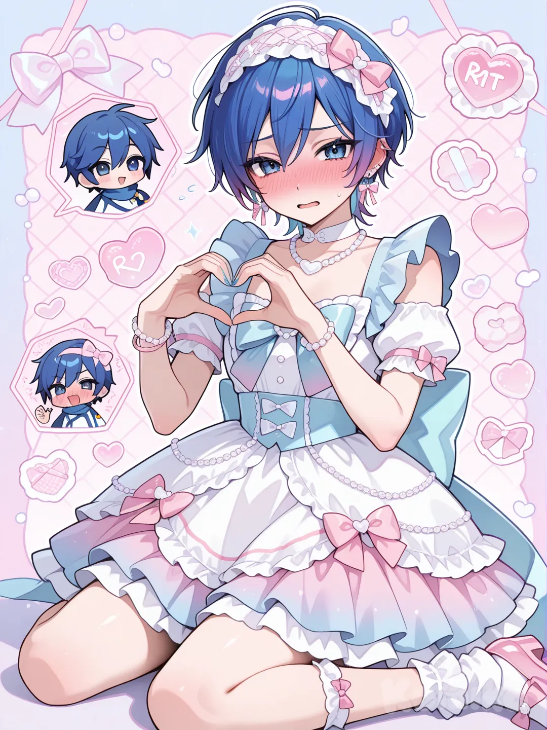 @Kaito_(Vocaloid)穿可愛的少女風造型，顏色是粉彩色系，裝飾以可愛的少女小物為主，襪子是泡泡襪，羞恥到不行, ruffles, lace, heart hands, bow, earrings, necklace, pearls, bracelet, headband, gradient