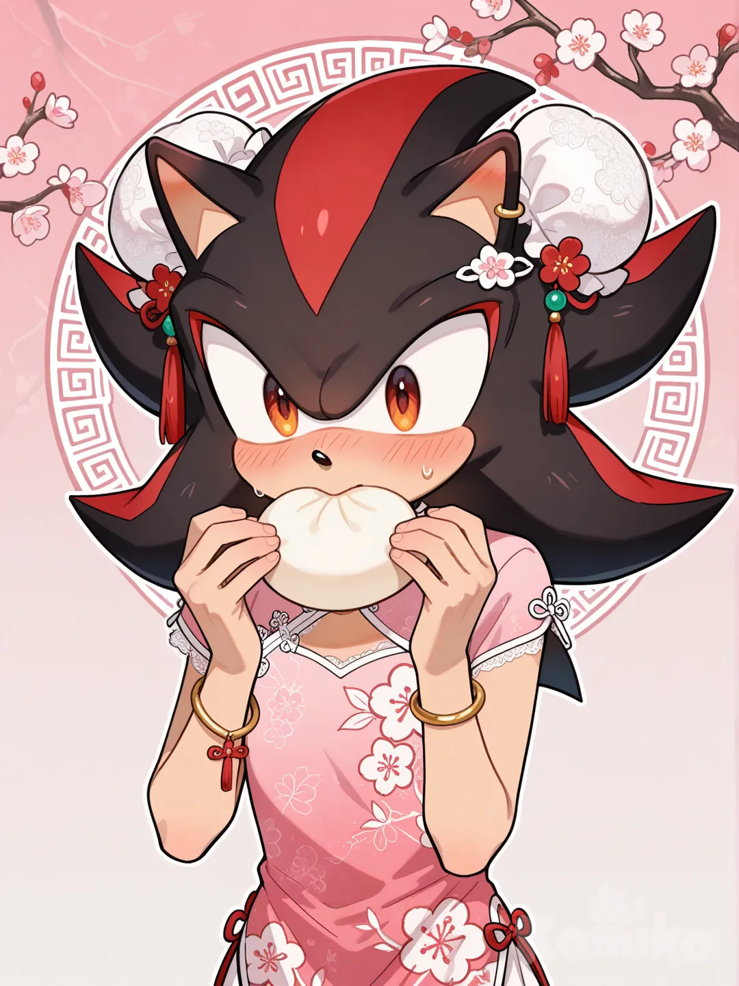 @Shadow_The_Hedgehog穿可愛的中國旗袍，顏色是梅花色系，裝飾以梅花樹為主，嘴裡叼著肉包，超級大羞恥, ruffles, lace, hairpin, hair accessory, corsage, earrings, necklace, bracelet, gradient, double buns