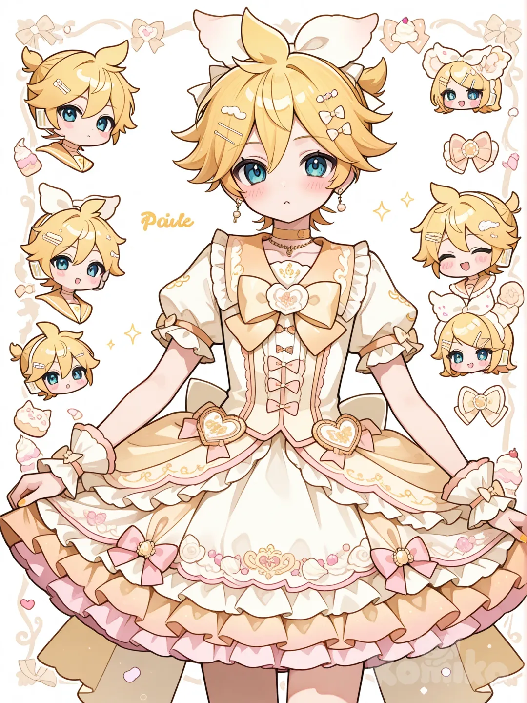 @Kagamine_Len變身成泡芙風格的魔法少女,服裝款式是蓬蓬裙,顏色是泡芙的色系,裝飾以泡芙的奶油為主, ruffles, hairpin, earrings, neckbracelet, necklace, hair accessory, bow