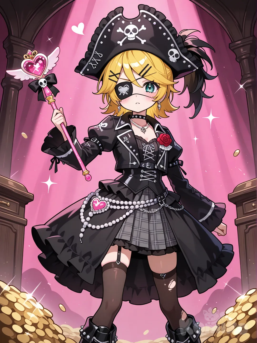 @Kagamine_Len變身成海盜風格的魔法少女,服裝款式是海盜風格,顏色是粉色的龐克搖滾色系,裝飾以海盜道具為主, ruffles, corsage, hairpin, earrings, neckbracelet, studs, necklace, jewelry, diamonds, pearls