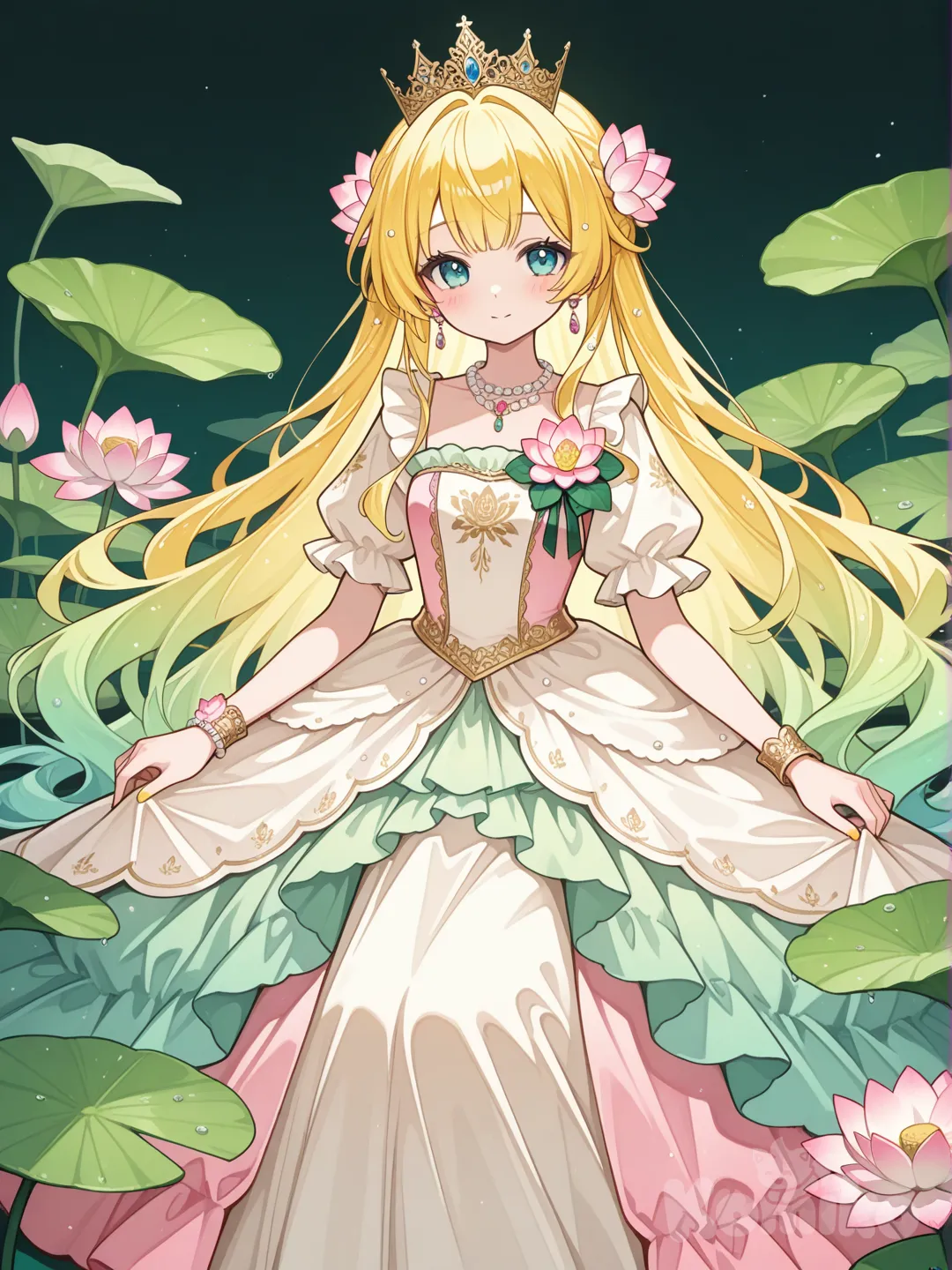 @Kagamine_Len化身成蓮花公主，如同蓮花般的清純可愛，服裝的顏色是蓮花色系，裝飾以蓮花和荷葉為主, ruffles, crown, corsage, earrings, neckpearls, bracelet, gradient