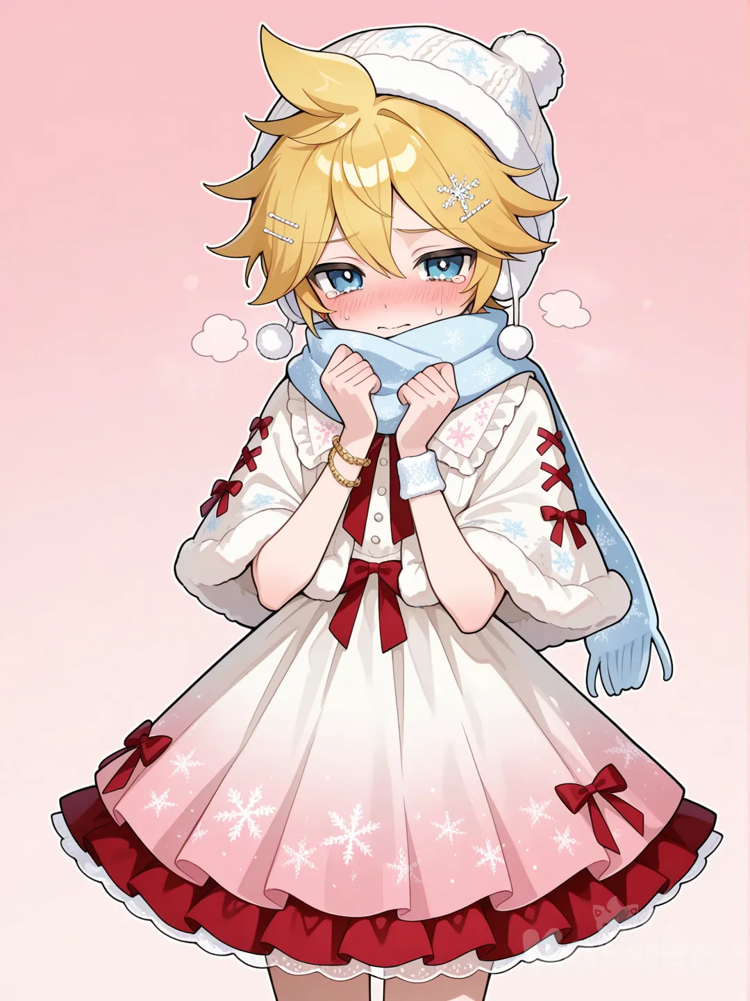 @Kagamine_Len穿冬季女孩風的服裝，服裝的款式是毛茸茸給人溫暖感覺的洋裝，服裝的顏色是冬季色系，服裝上的裝飾以聖誕紅和雪花為主，羞恥到不行, ruffles, lace, hairpin, scarf, knit hat, bracelet, gradient