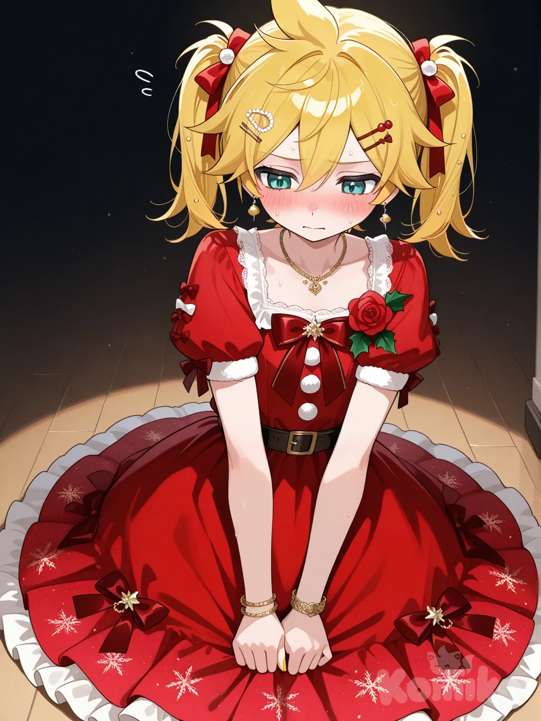 @Kagamine_Len穿聖誕女孩服裝,服裝的款式是圓裙,服裝的顏色是聖誕色系,服裝上的裝飾以聖誕紅為主, 羞恥到不行,ruffles, lace, hairpin, corsage, earrings, necklace, bracelet, gradient, twin tails