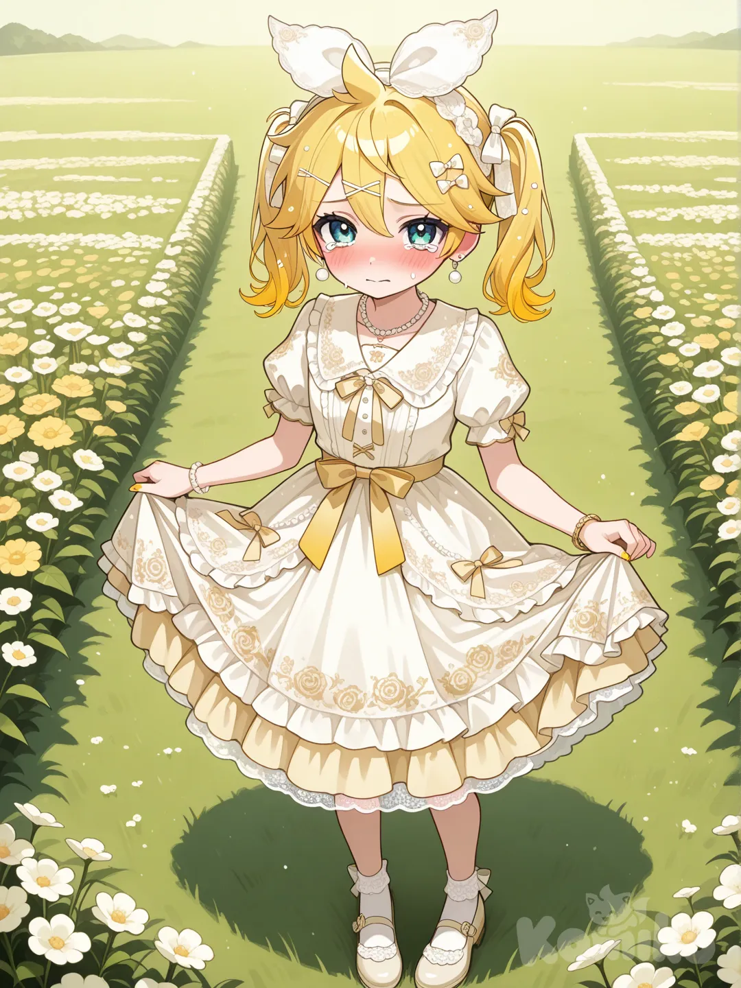 @Kagamine_Len穿可愛的碎花洋裝，穿著綁著蝴蝶結緞帶的小鞋子,羞恥到不行， ruffles, lace, headband, earrings, necklace, bow, bracelet, pearls, twin tails, gradient, flower field