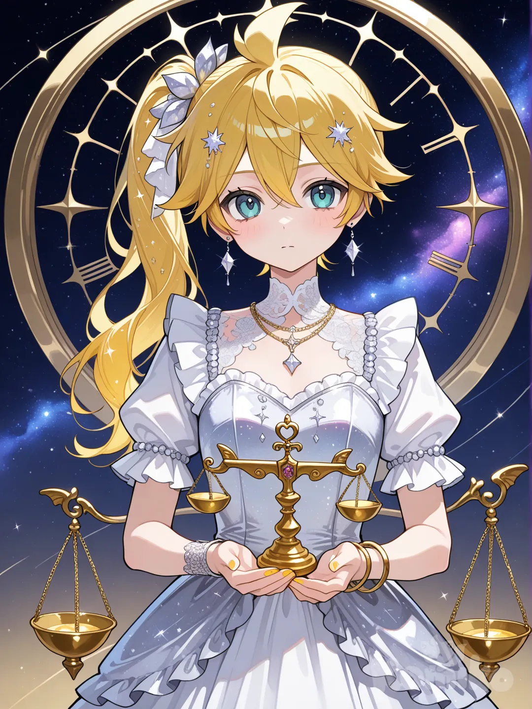 @Kagamine_Len變身成天秤座的魔法少女,服裝的款式是天秤女神,服裝的顏色是銀白色系,服裝上的裝飾以天秤為主,手裡拿著一個金色的神聖天秤, ruffles, lace, hair accessory, earrings, necklace, bracelet, diamonds, side ponytail, gradient, cosmic background