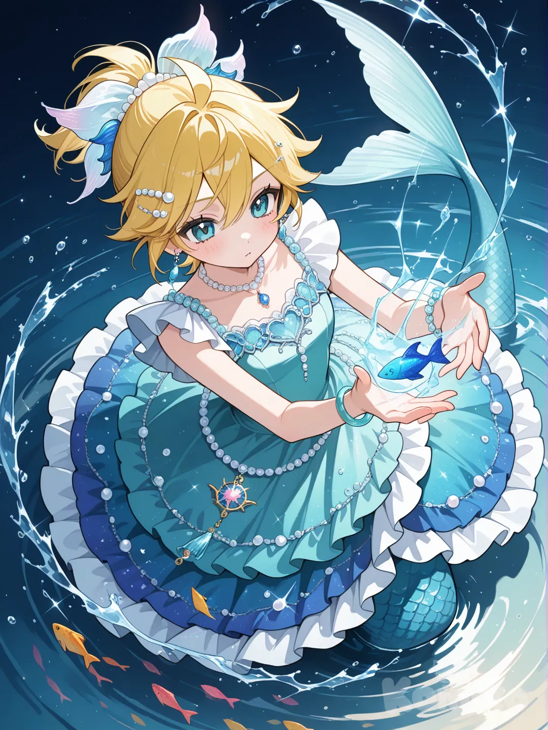 @Kagamine_Len變身成雙魚座的魔法少女,服裝的款式是魚尾禮服,服裝的顏色是水色系,服裝上的裝飾以夢幻的彩魚為主, ruffles, lace, earrings, necklace, bracelet, pearls, hair accessory, gradient, lake
