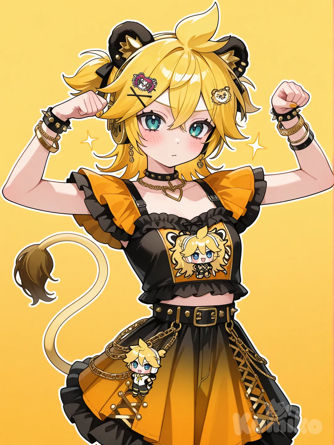 @Kagamine_Len變身成獅子座的魔法少女，服裝的款式是帶點可愛的龐克搖滾風格，服裝的顏色是獅子色系，服裝上的裝飾以狂野的獅子為主, ruffles, earrings, gradient, headphones, choker, bracelet, hair accessory, studs