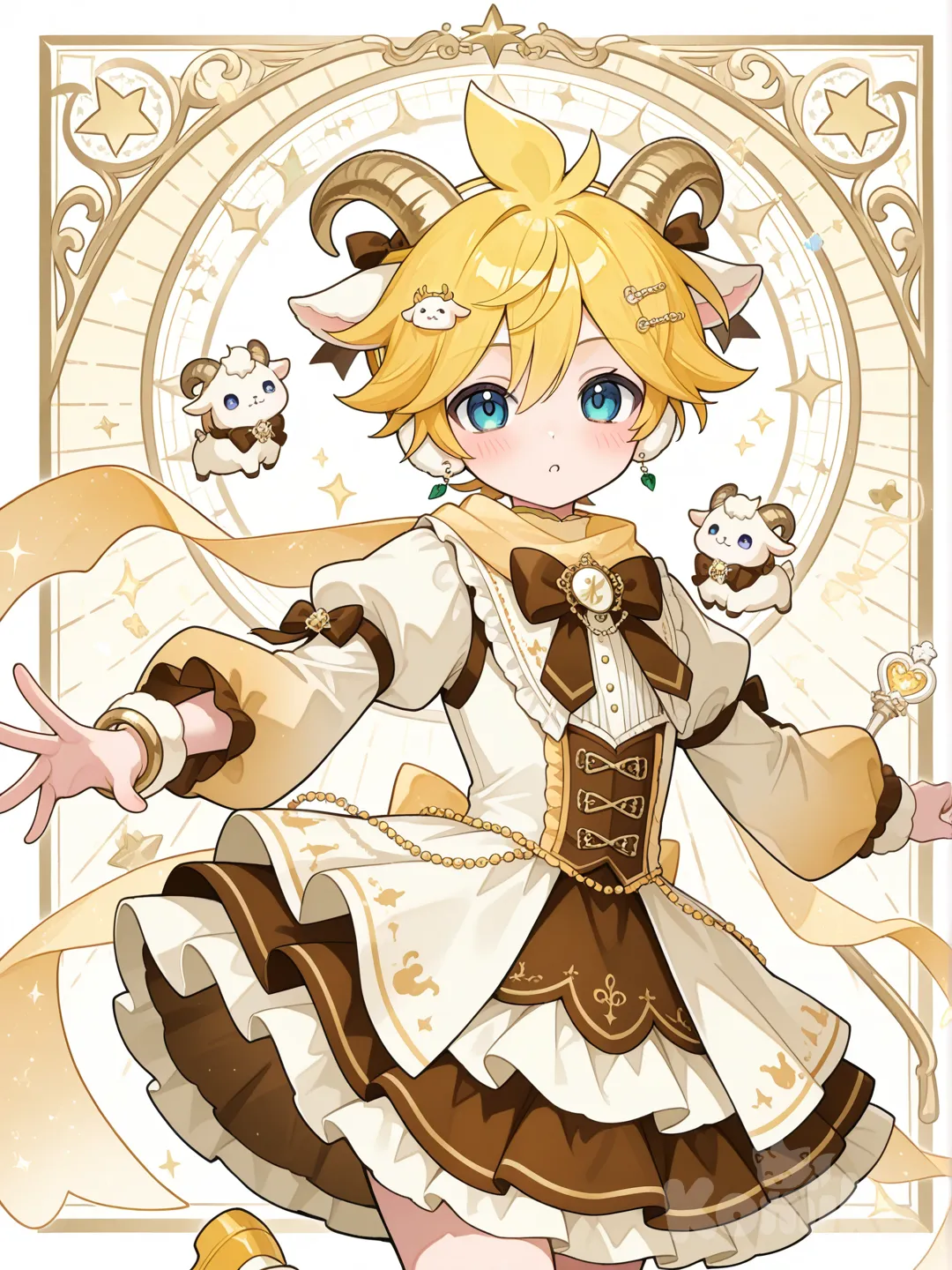@Kagamine_Len變身成魔羯座的魔法少女，服裝的顏色是土象星座風格，服裝上的裝飾以小山羊為主, ruffles, scarf, earrings, bracelet, hair accessory, gradient