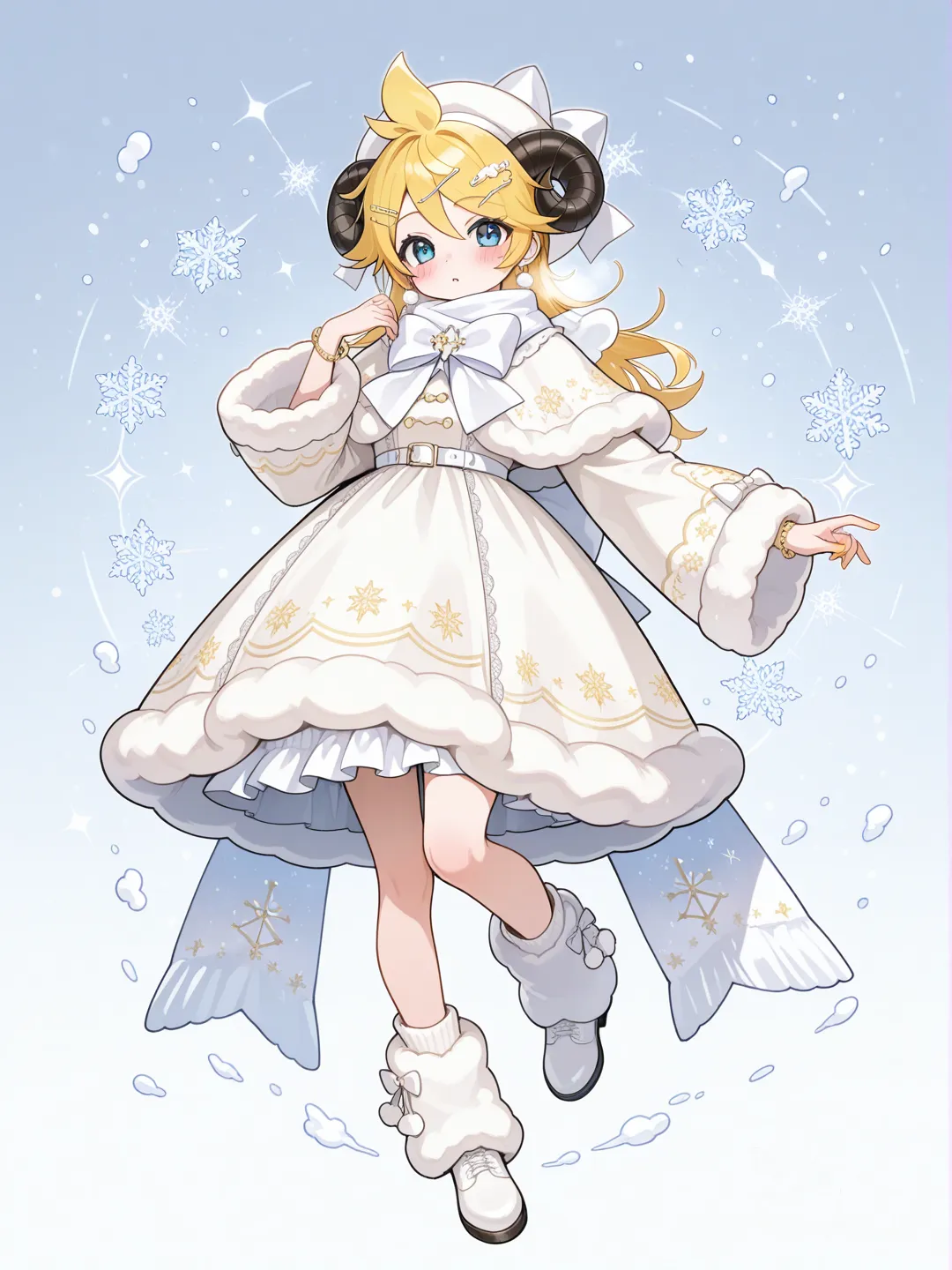 @Kagamine_Len變身成牡羊座的魔法少女,服裝的款式是暖呼呼的冬季服裝,服裝的顏色是羊毛的顏色,服裝上的裝飾以小綿羊為主,頭上有綿羊的角, ruffles, lace, scarf, bow, earrings, hairpin, bracelet, snowy, gradient