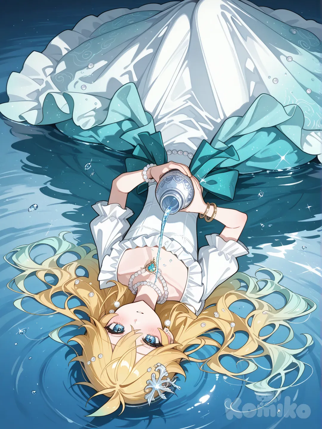 @Kagamine_Len變身成水瓶座的魔法少女,服裝的款式是清純的湖邊女神風格,服裝的顏色是水色系和白色系,服裝上的裝飾以水為主,手裡拿著倒著聖水的水瓶,頭髮變成微捲的長髮, ruffles, earrings, gradient, bracelet, hair accessory, studs, pearls, necklace, lake