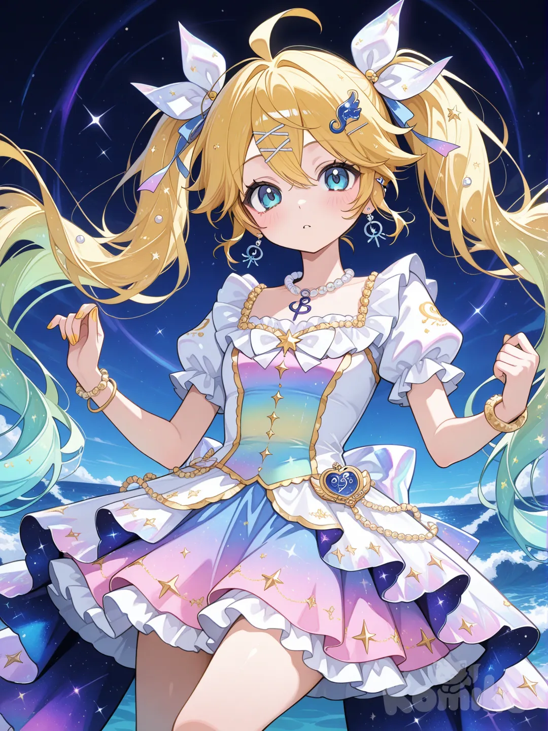 @Kagamine_Len變身成雙子座的魔法少女,服裝的款式是象徵雙子的洋裝,服裝的顏色是彩霞色系,服裝上的裝飾以星彩和象徵雙子的圖樣為主, ruffles, hair accessory, earrings, bracelet, gradient, lace, necklace, pearls, twin tails, ocean