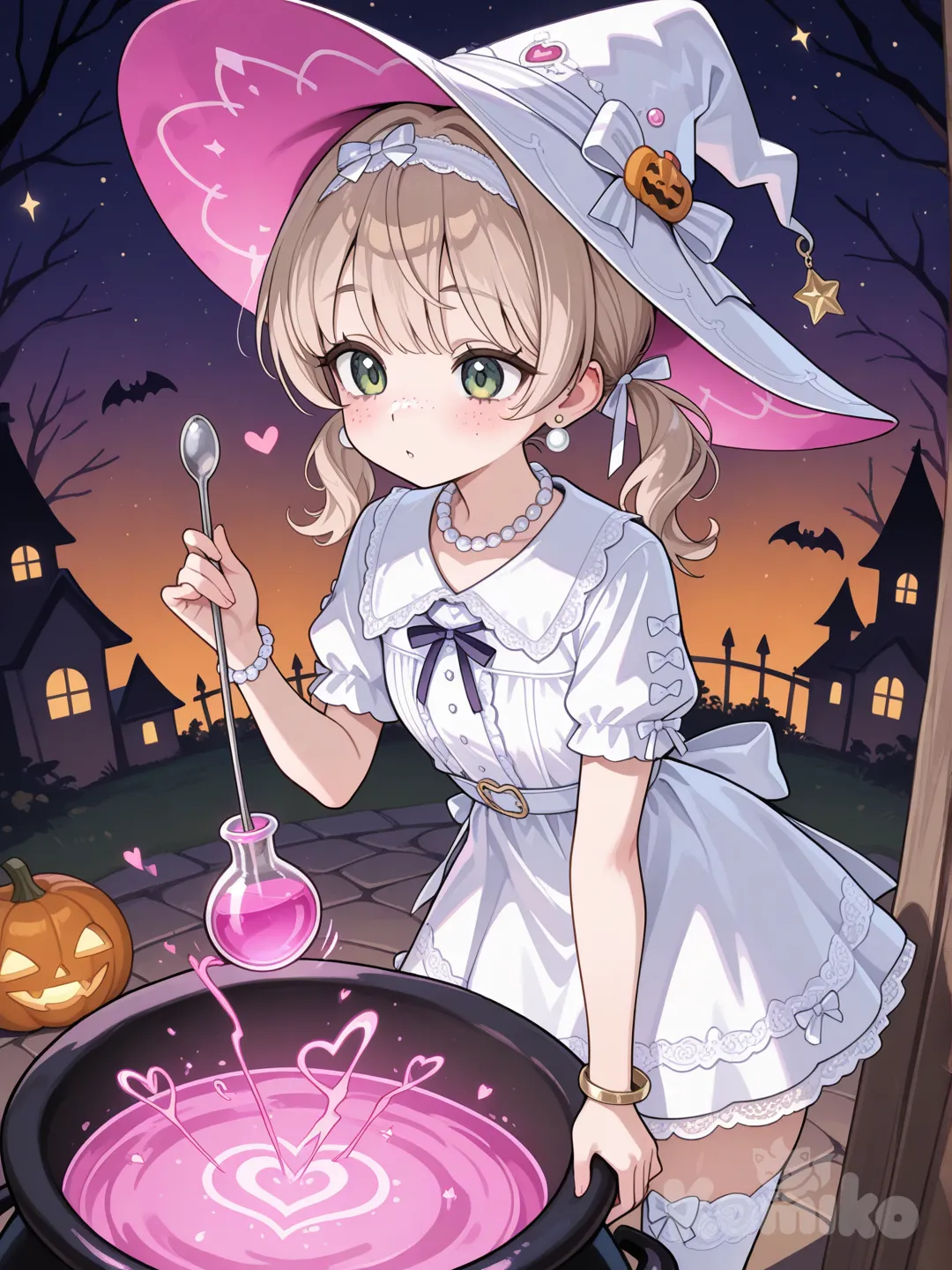 @fu-lei-si-BG34萬聖節時扮成可愛的俏魔女,為女孩子製作戀愛藥水, ruffles, lace, earrings, necklace, bracelet, jewelry, bow, gradient, night