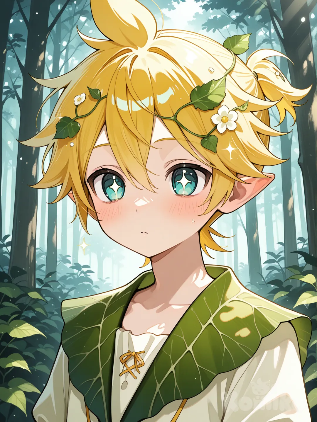 @Kagamine_Len變成精靈，精靈的尖耳朵，精靈的自然系造型，天真無邪的模樣和眼神, gradient, sparkle, forest