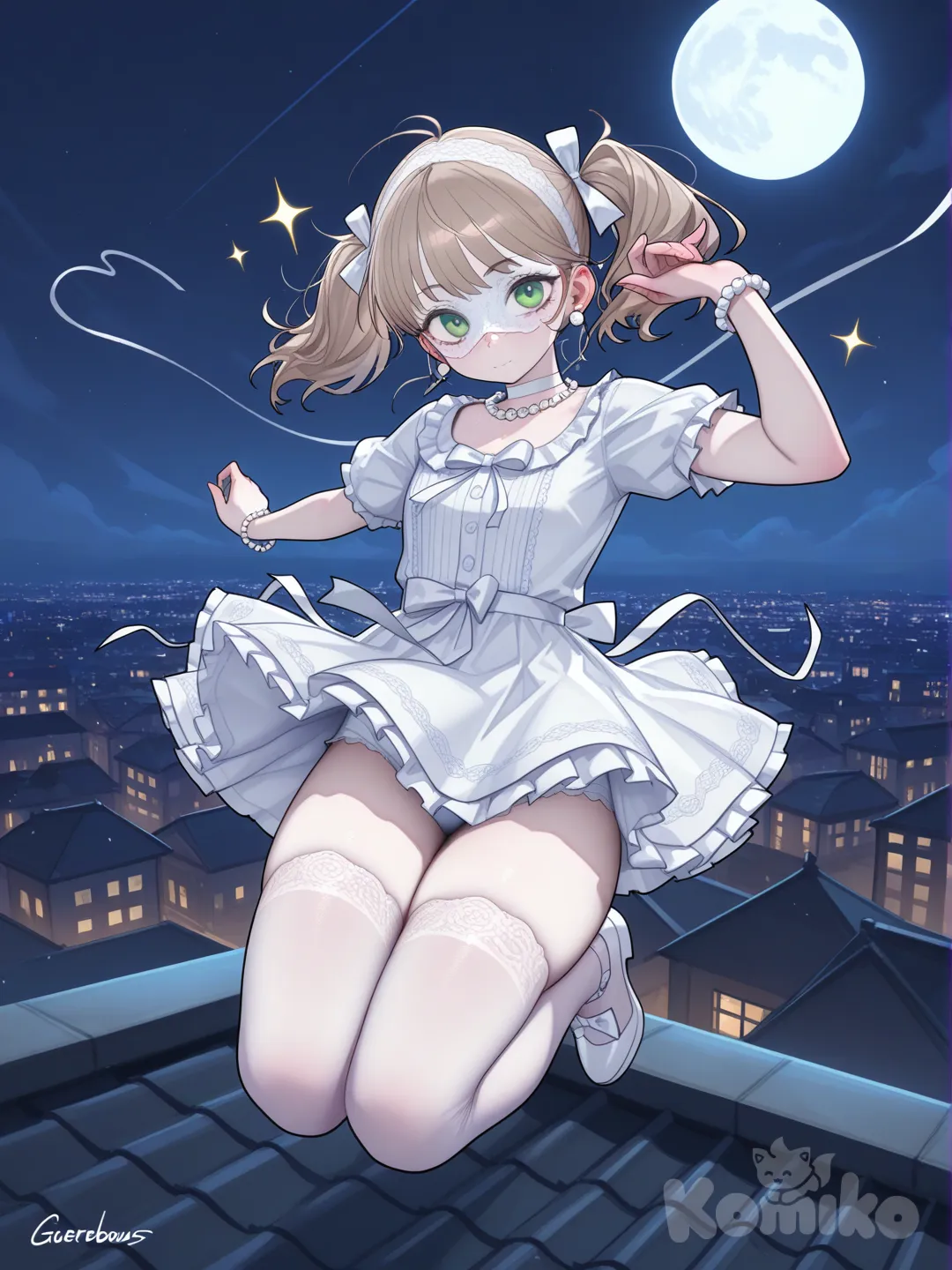 @fu-lei-si-BG34夜晚化身成怪盜,華麗的盜取寶物,戴著怪盜面具, jumping from rooftop, ruffles, lace, hair accessory, earrings, choker, bracelet, jewelry, gradient, sparkle