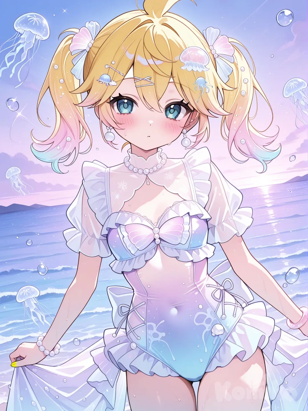 @Kagamine_Len變身成守護水母的魔法少女，服裝的款式是夢幻的泳裝風格，服裝的顏色是半透明的水母色系，服裝上的裝飾以小水母為主, ruffles, lace, hairpin, earrings, bracelet, pearls, necklace, twin tails, gradient, sle, ocean