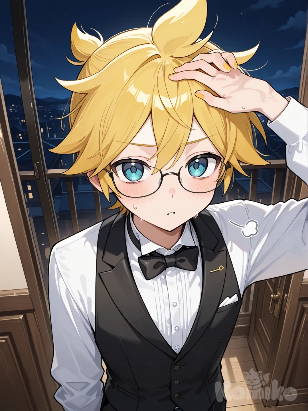 @Kagamine_Len為了哄刁蠻任性大小姐睡覺而感到無奈，畢竟要哄大小姐睡覺可是很傷腦筋的，執事服, glasses