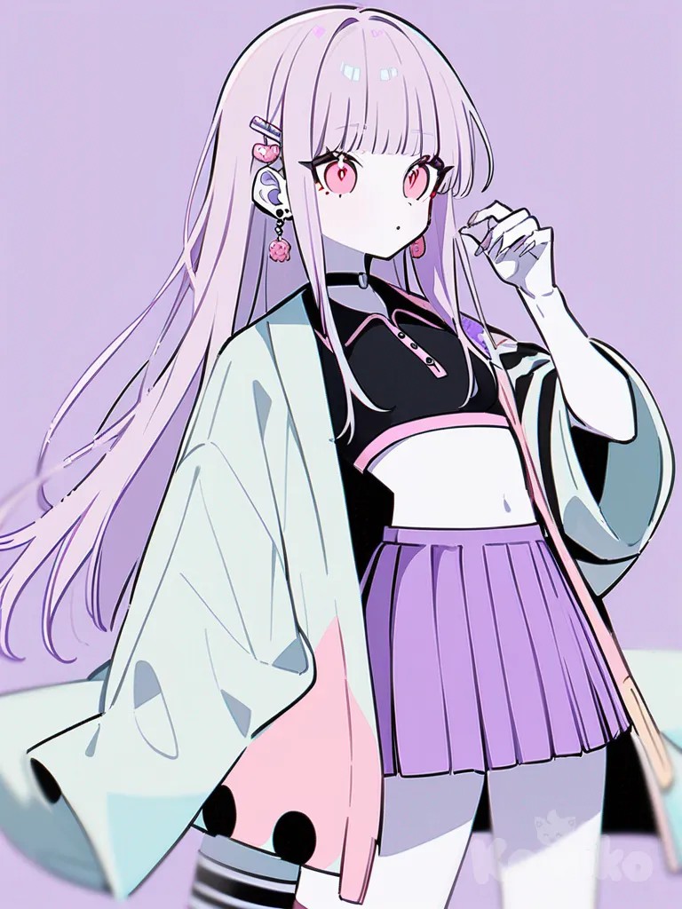 1girl, original character, Demon Slayer style, pastel colors, young girl, slim, tall, long straight hair, pink and purple hair, red eyes, white skin, polo shirt, crop-top, loose black haori, short pleated skirt, raincoat, studs, fringes, hair clips, hair accessories, choker, knee-high socks, earrings, jewelry, single character, full body, looking at viewer, anime style, simple background, white background