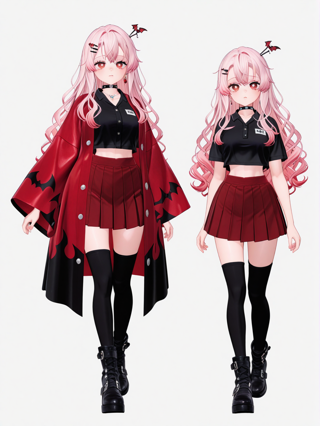 [3d-anime-style] 1girl, demon slayer style, vampire, teenager, slim, tall, pink hair, long hair, wavy hair, red eyes, fair skin, polo shirt, black crop top, red pleated skirt, short skirt, oversized red haori, black boots, raincoat, studs, tassels, hairpin, hair accessory, choker, earrings, knee-high socks, necklace, single character, full body, looking at viewer, simple background, white background