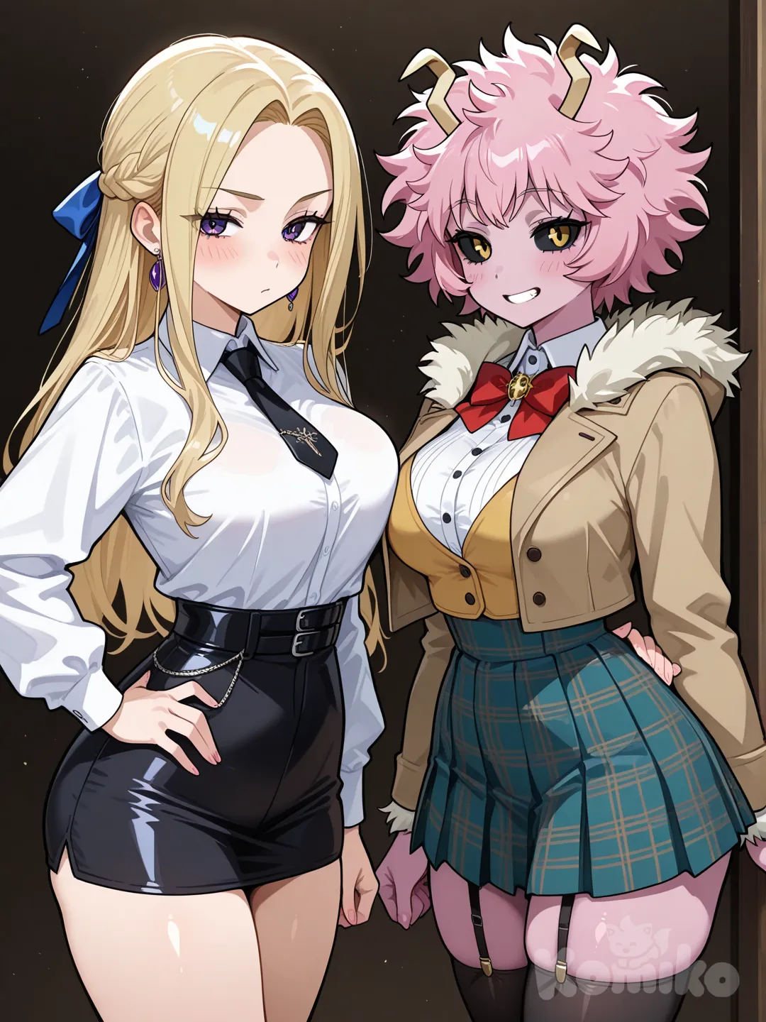 @Ashido_Mina, usa una falda costa de negro, y una blusa roja manga larga, con sapatillas negra en el salón de clases.