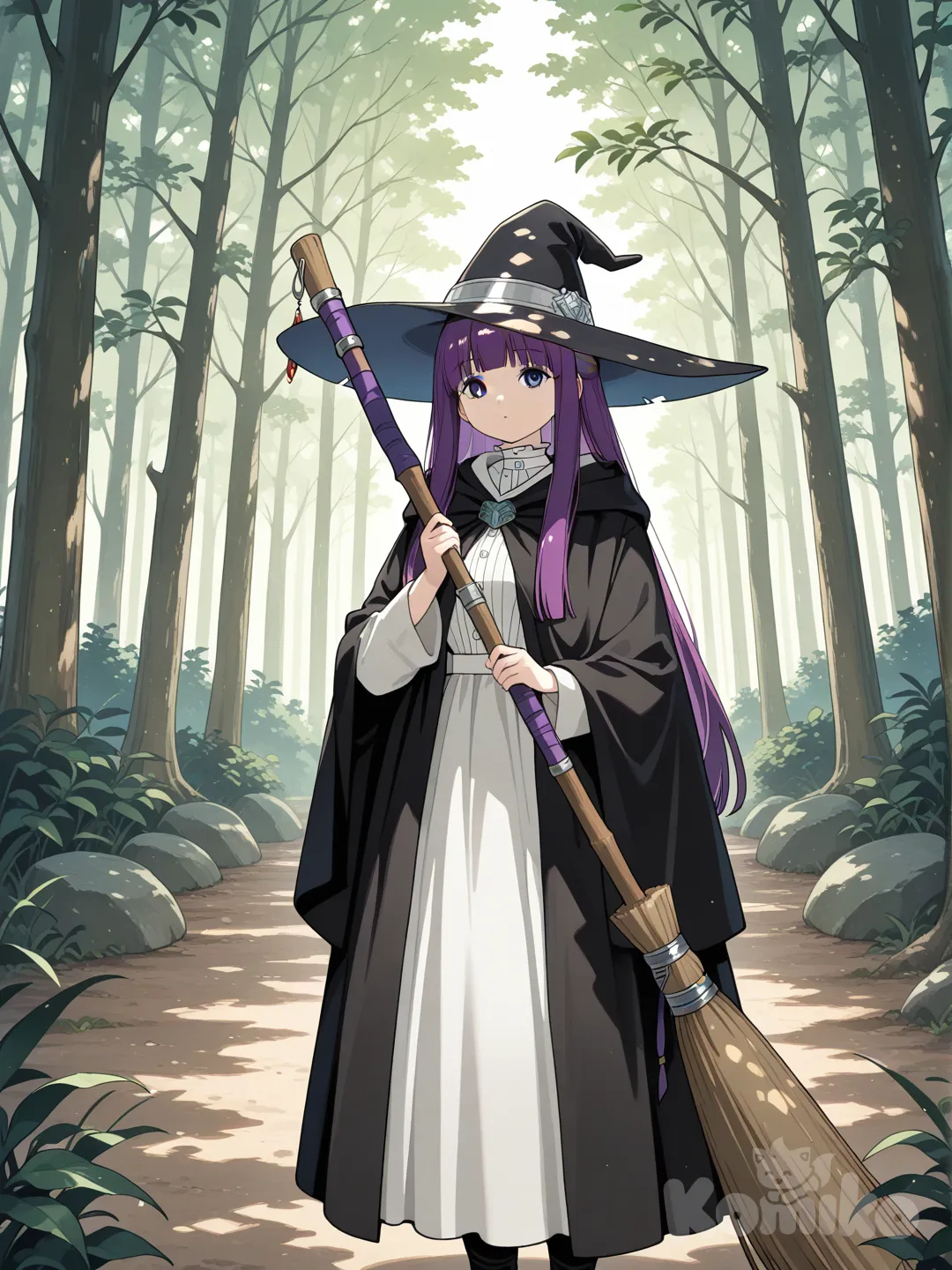 @Fern_(Sousou_No_Frieren), usa Rapa de bruja antigua junto a su escoba en el bosque.