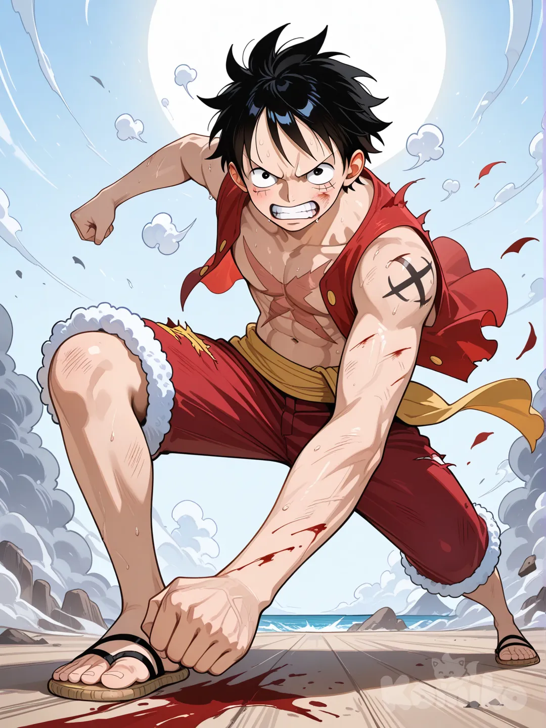 @Monkey_D._Luffy, en su forma de segunda marcha, el vapor por su cuerpo, enojado casi derrotado pero listo para atacar