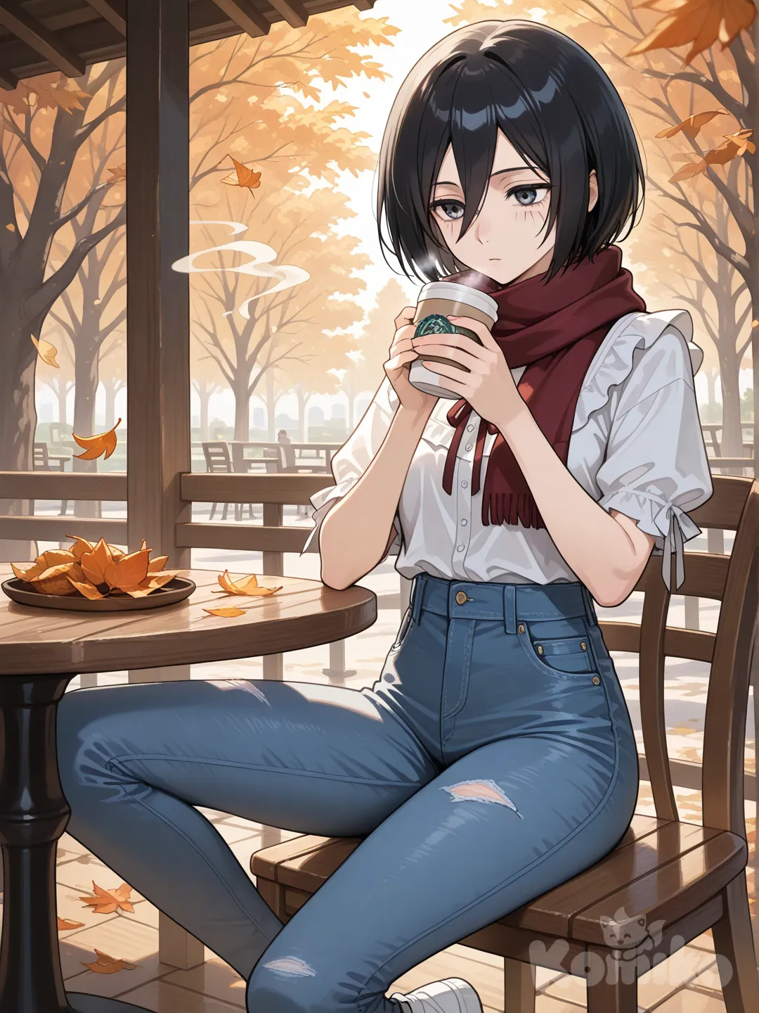 @Mikasa_Ackerman, usa unos pantalón de mezclilla ajustado azules, con zapatillas blancas y una blusa manga corta, y está tomando un café en otoño.