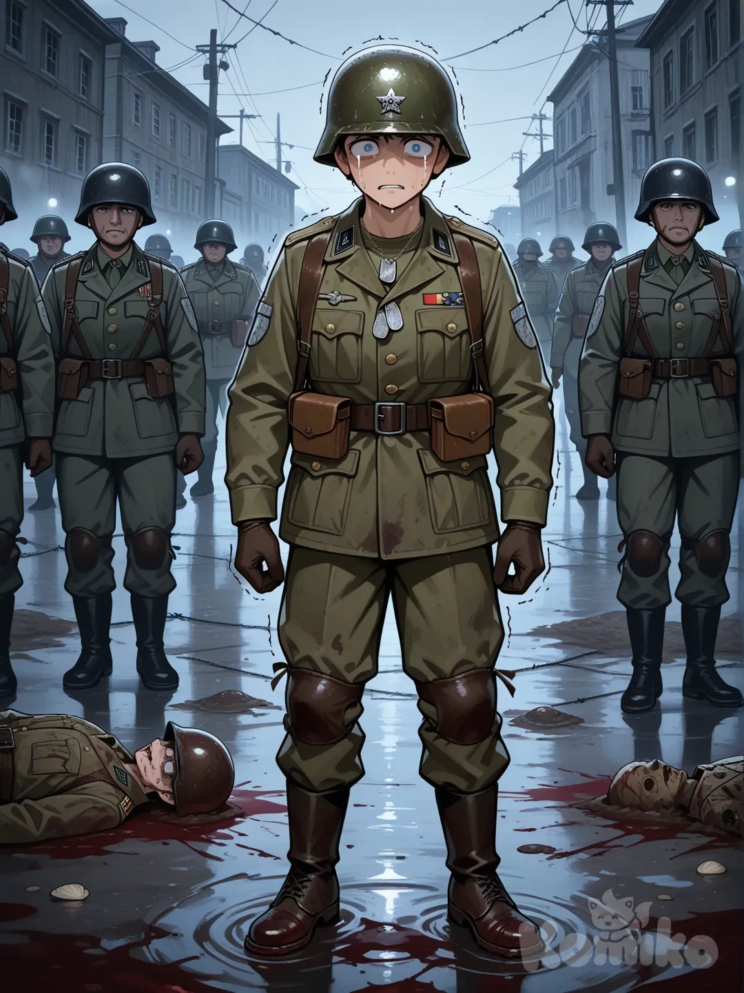 @Spongebob_Squarepants, está vestido de soldado, un soldado traumado por la guerra que está en las trinchera donde sus amigos an caído pero el continúa de pie.