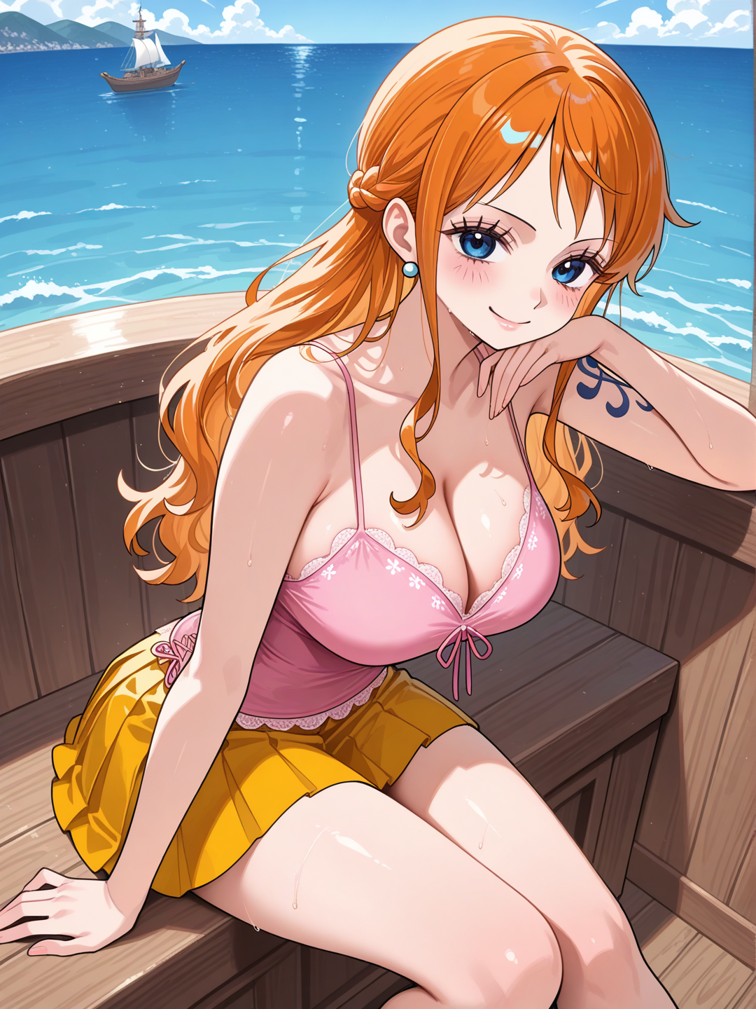 Minifalda amarilla, con blusa de tirantes rosa de encaje posando en su barco muy linda, @Nami_(One_Piece)