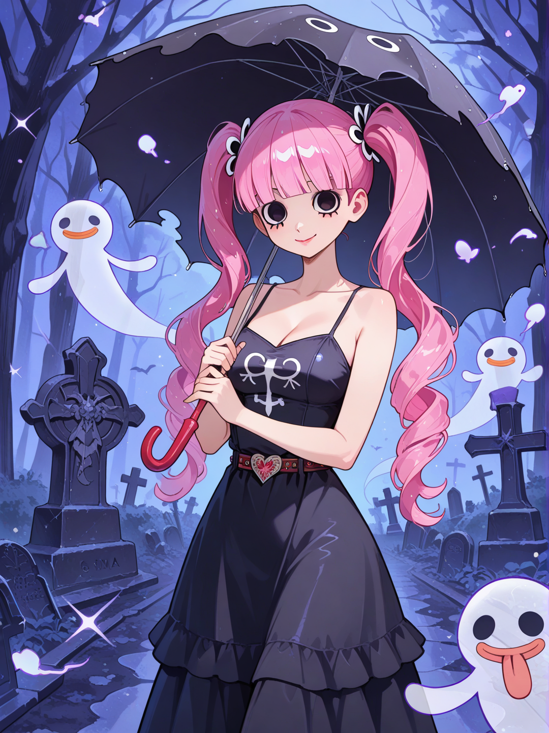 @Perona, usa un vestido negro larga de tirantes y está centrada en una lápida sonriendo, tiene su sombrilla negra, a su lado aparecen sus fantasmas.