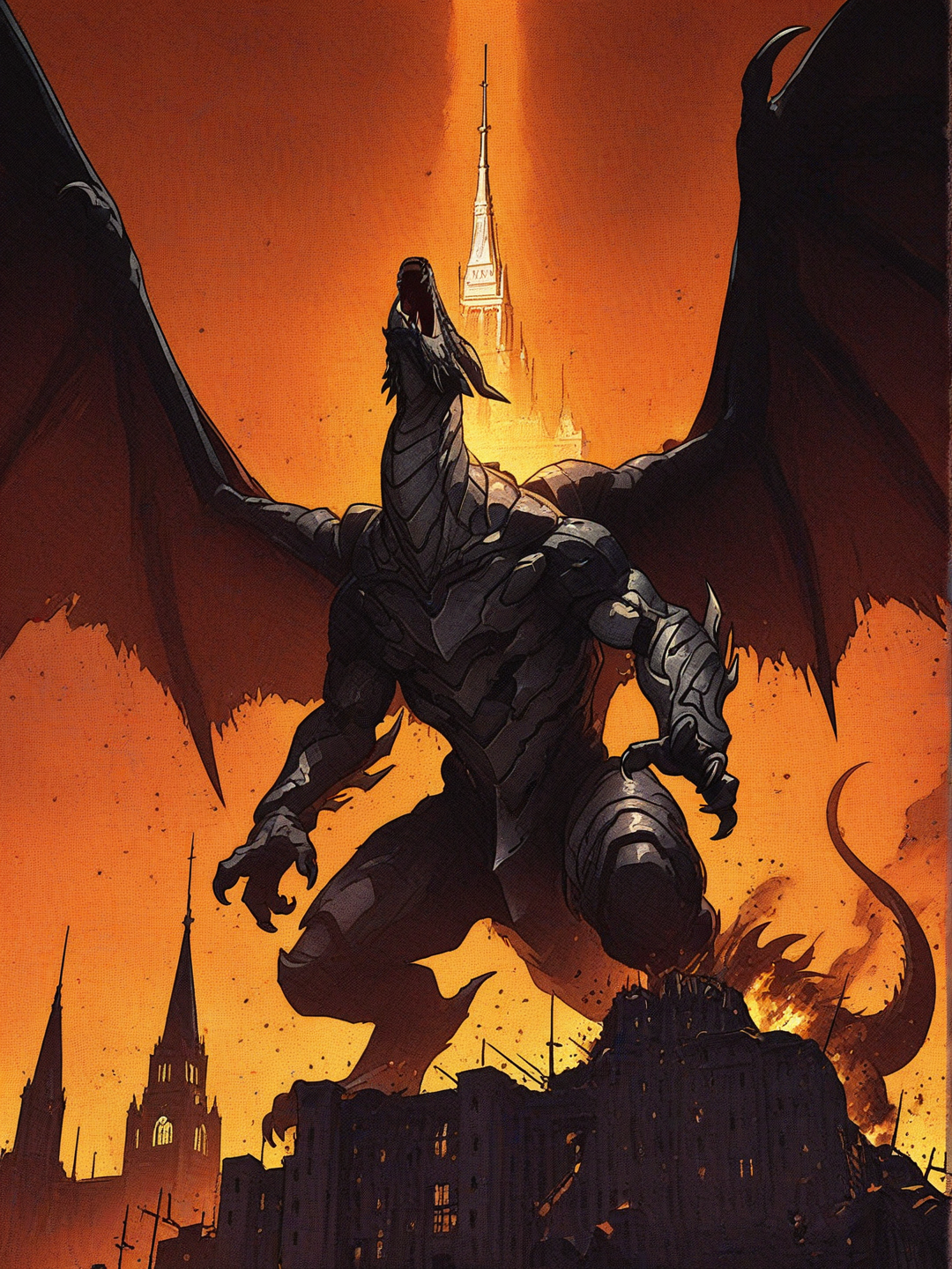 Dragón negro acorazado, con ojos azules encima de una roca apunto de destruir una ciudad colonial , [action-manga-style]