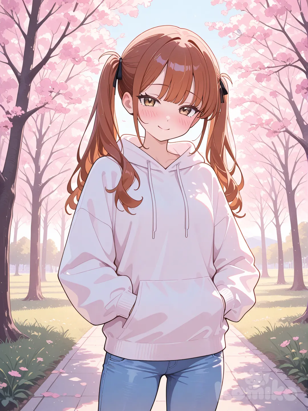 anime girl, shoujo anime style, reddish brown hair in twin ponytails, soft bangs, light brown eyes, shy smile, casual clothing, white zip-up hoodie, simple inner shirt, blue jeans, relaxed pose, outdoor background, fresh and youthful atmosphere, soft colors, clean anime illustration