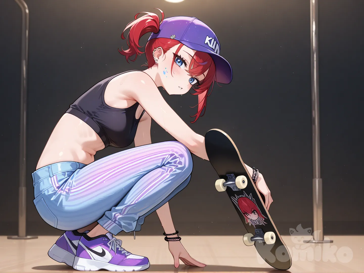 @aira-boj2 gorra morada, slim, side angle camera, skater outfit, skate park, skateboard, looking at viewer, belly, striped jeans, agachada, sneakers, high-waist pants