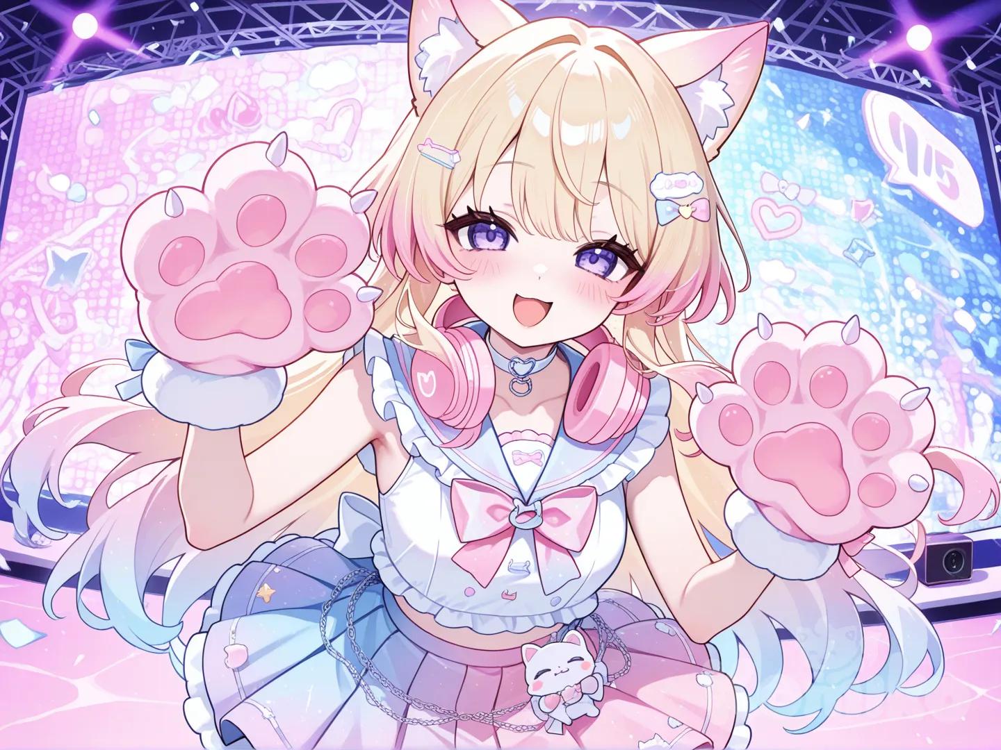 @anni-i7XT happy, looking at viewer, pink headphones around neck, pink and sky blue idol sailor streamer outfit, ruffles, closed eyes, joy, paw gloves, open mouth, smile, paw pose, livestream