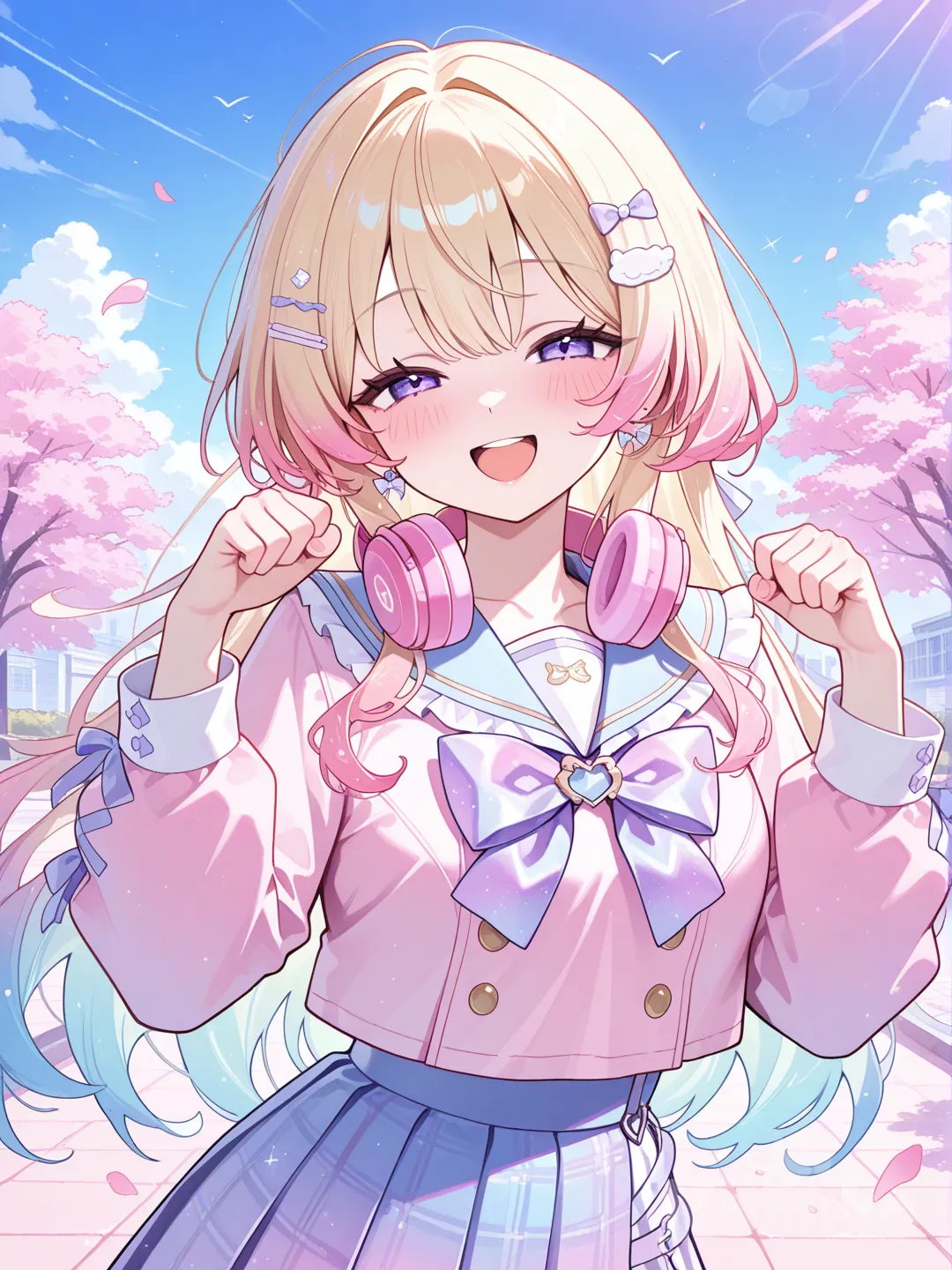 @anni-i7XT happy, looking at viewer, pink headphones around neck, pink and sky blue idol sailor streamer outfit, ruffles, closed eyes, joy, open mouth, smile, paw pose, streaming