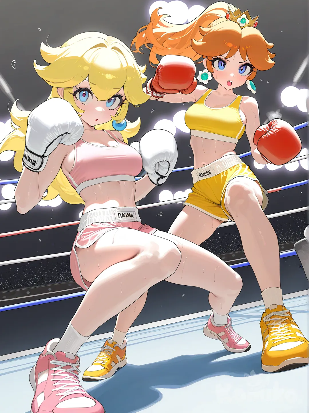 princess peach, princess daisy, full body, boxing, fighting