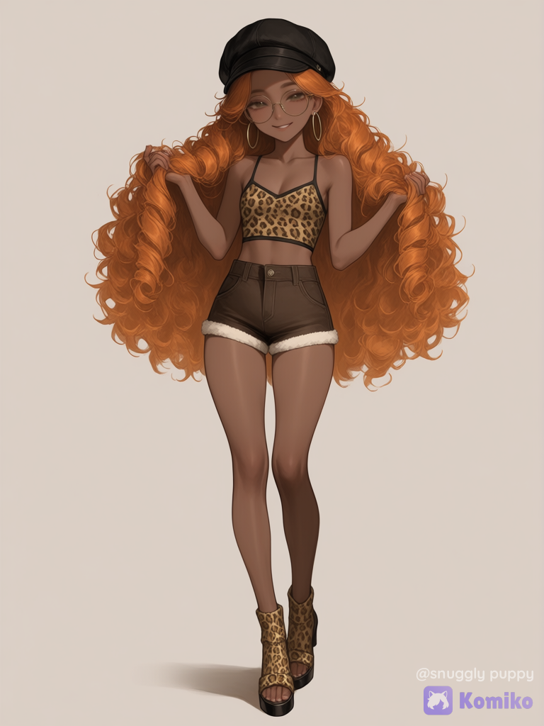 dark brown skin, long orange curls, petite, leopard print crop top, Y2K fur shorts with fur edges on the bottom, leopard print toes out heels, black vintage hat, glasses, hoop earrings, jewelry, full body, [silky-radiance-style], holding hair, smile