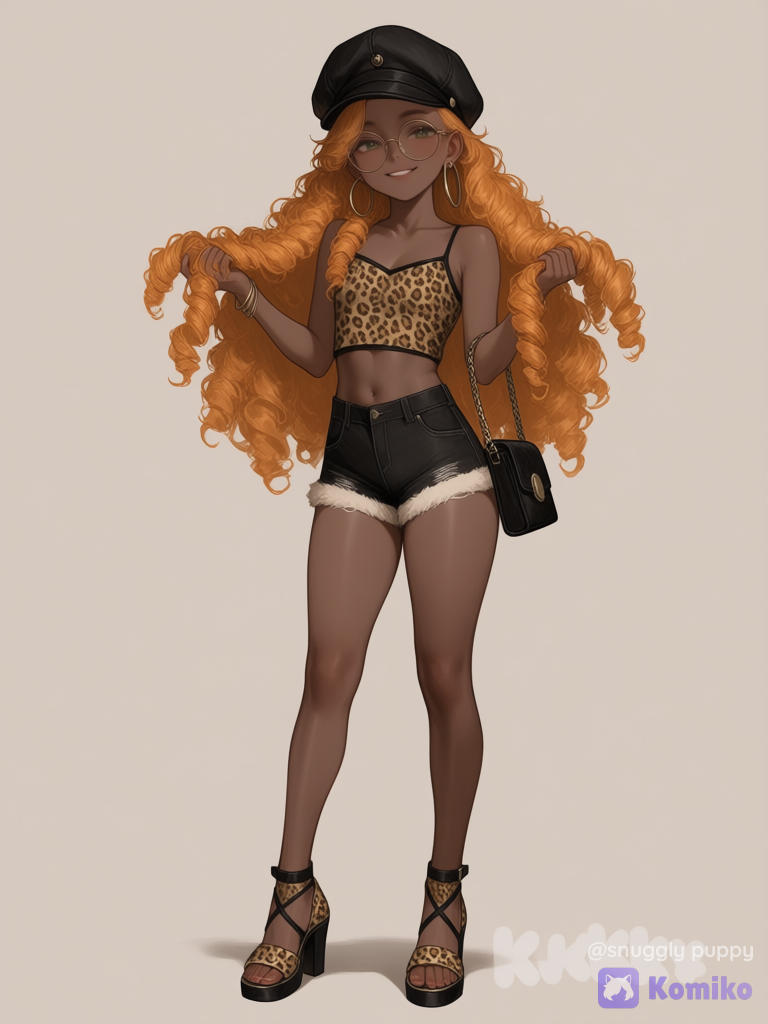 dark brown skin, long orange curls, petite, leopard print crop top, Y2K fur shorts with fur edges on the bottom, leopard print toes out heels, black vintage hat, glasses, hoop earrings, Vintage handbag, full body, [silky-radiance-style], holding hair, smile