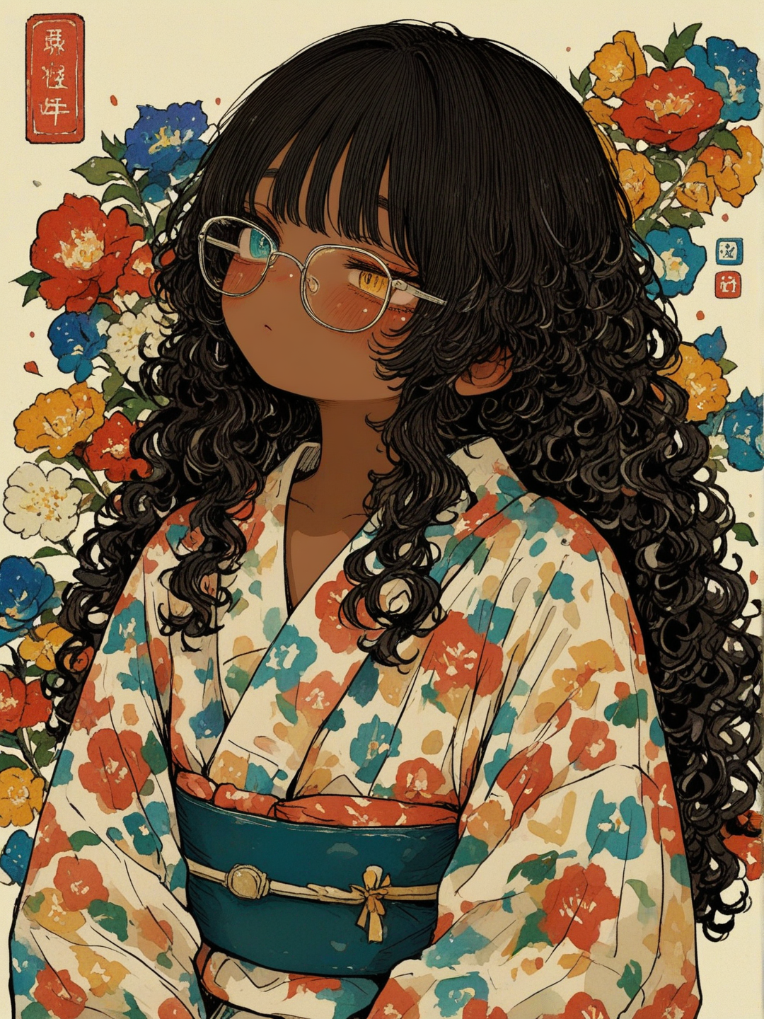 [sweet-painting-style]1girl, petite, curvy, black hair, long hair, curly hair, brown left eye, dark skin, glasses, long blue and white kimono with multicoloured flower design. blue right eye, child