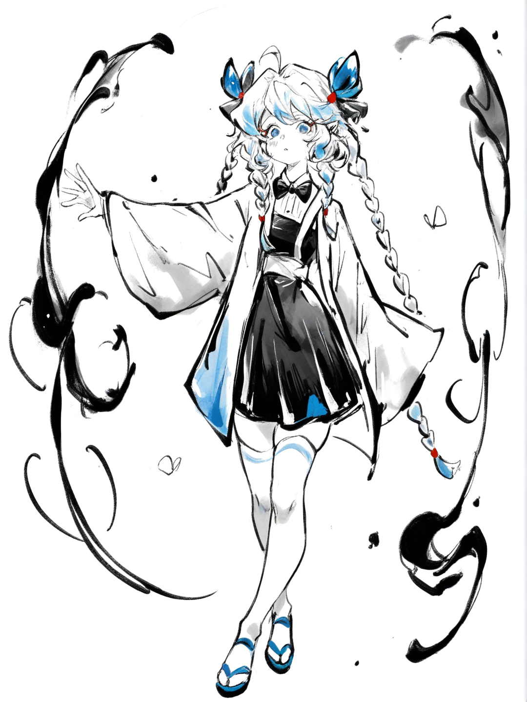 [ink-scarlet-style], 1girl, teenager, curvy, slim,braided hair on both sides blue and white, blue eyes, fair skin, bow, bow tie, knee-high socks white, demon slayer costume black dress, zori blue sandals,haori blue and white