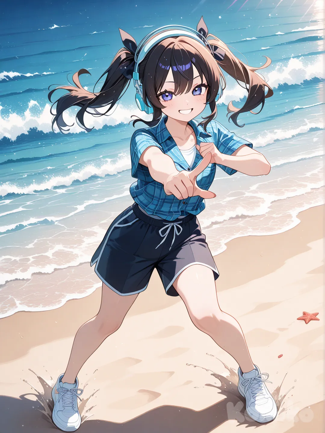 1girl, dancing, pointing at viewer, plaid shirt, beach shorts, headphones, twin tails, full body, ocean