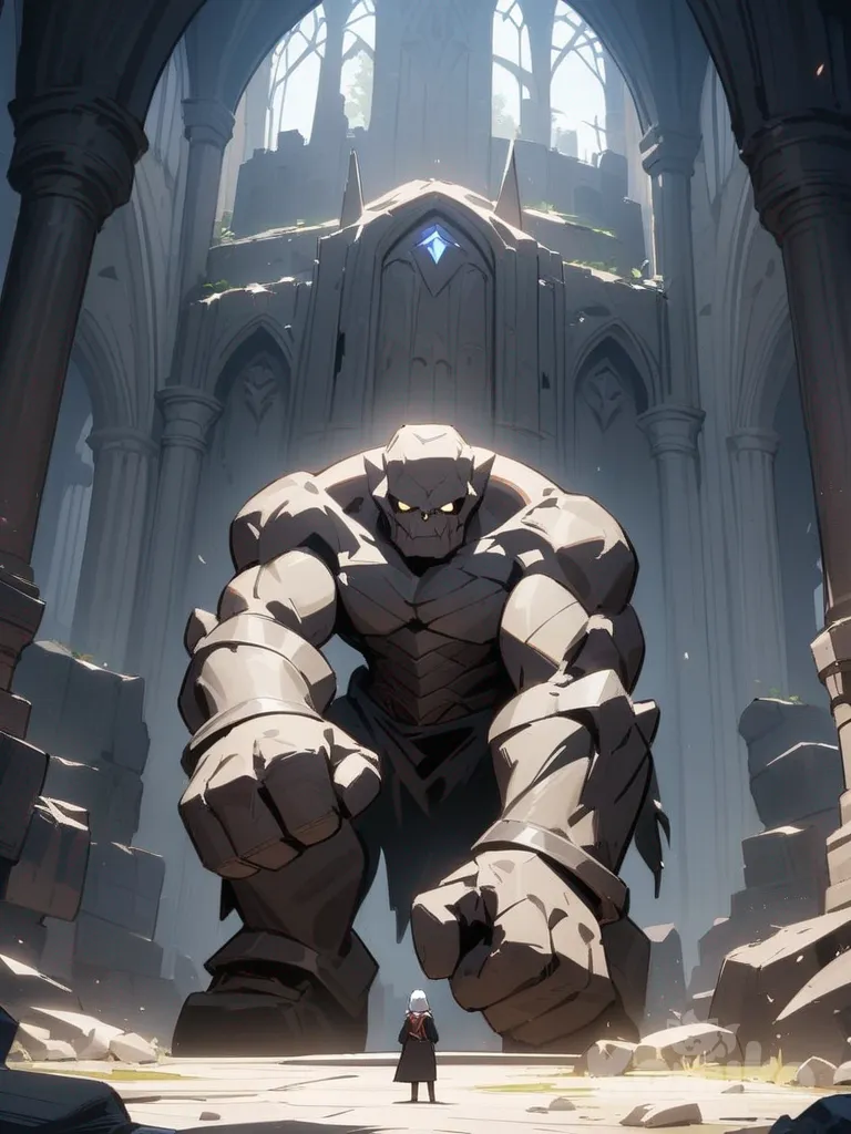 Golem de piedra, en una catedral en ruinas, animé