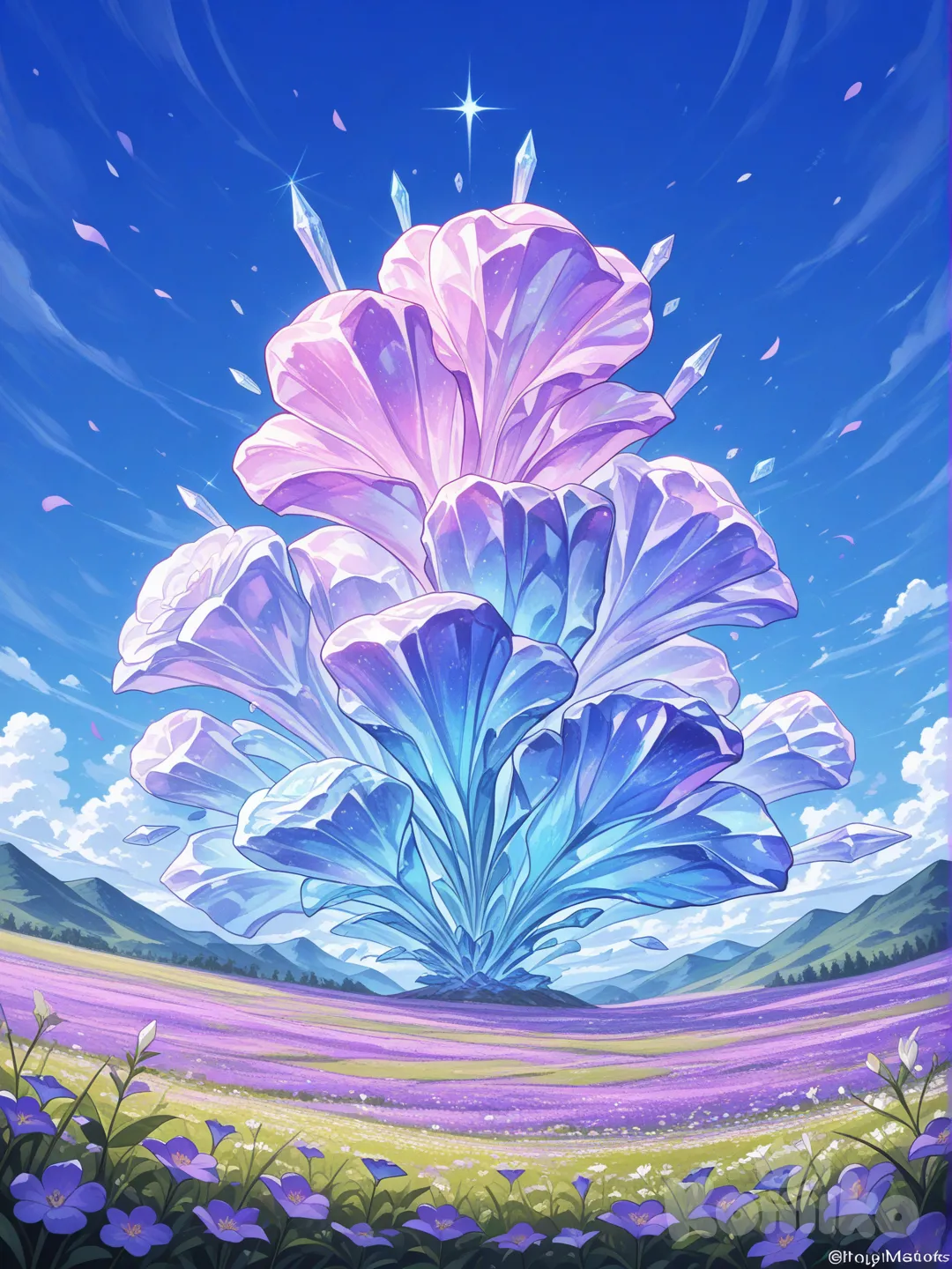 Animé, prados verdes,cielos azules, flor con pétalos de cristal bruto, de color morado