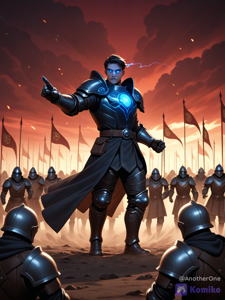 @kent-connor-Fi7J, Epic anime splash art of a tall, athletic male commander with sharp black hair, a confident expression, and vibrant glowing electric-blue eyes. He is dressed in a futuristic-medieval hybrid commander uniform in midnight black and deep indigo colors. He is standing at the front lines of a massive battlefield, raising one hand to signal his army to attack. In the background, thousands of heavily armored fantasy soldiers are marching forward under a blood-red sky. The fantasy army behind him is a mix of armored paladins and mythical beasts preparing to clash. Dramatic cinematic lighting, photorealistic textures, masterwork, 8k resolution. Intense particle effects, glowing magical crests, sharp focus, dynamic action pose, trending on ArtStation.