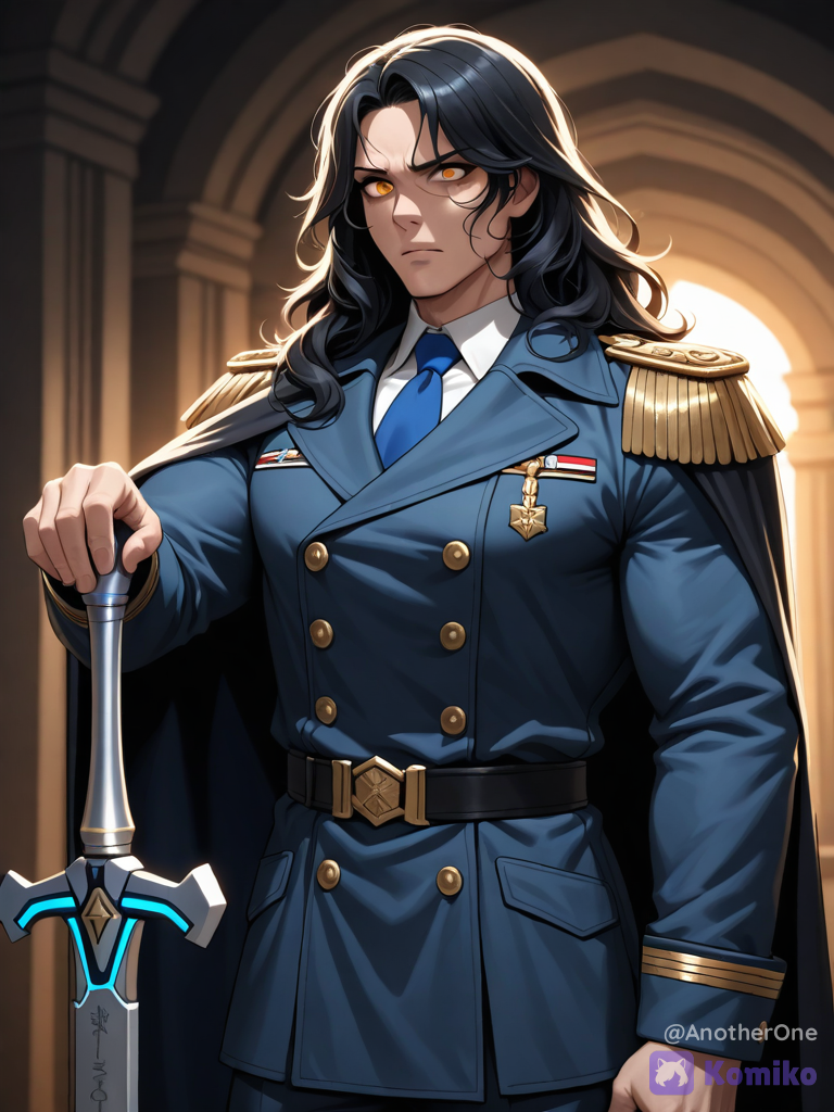 @kent-connor-Fi7J, An anime battlefield commander with sharp dark hair, standing in a regal command center. He wears a majestic, double-breasted midnight blue military coat with gold embroidered epaulets, a high ornate collar, and a flowing navy cape draped over one shoulder. Intense expression, one hand resting on a silver saber hilt. Dramatic lighting, deep shadows, rich textures, high-end anime movie style, crisp lines, 8k resolution.
